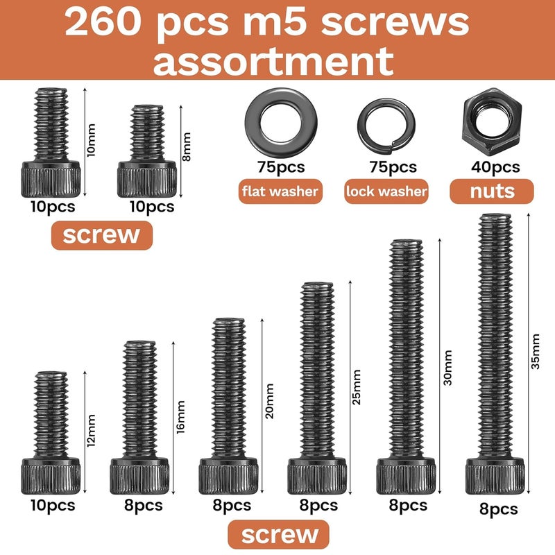 Hapric 260 Pcs M5 Screws Assortment Kit, M5x 8/10/12/16/20/25/30/35mm M5 Bolts Kit 12.9 Alloy Steel Nuts and Bolts Assortment Kit Black Zinc Plated Hex Socket Head Screws Nuts Bolts and Washers Set - Image 2